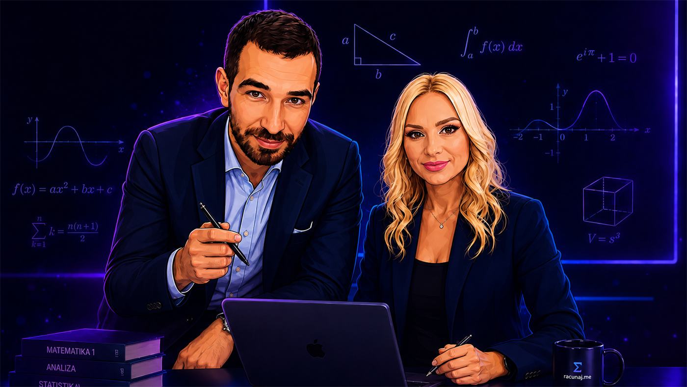 Predavači platforme racunaj.me za radnim stolom, ispred table sa matematičkim formulama